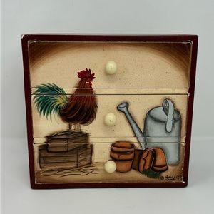 Vintage Wood Rooster Trinket Box 3 Drawer Cabinet Hand Painted Rustic Farmhouse